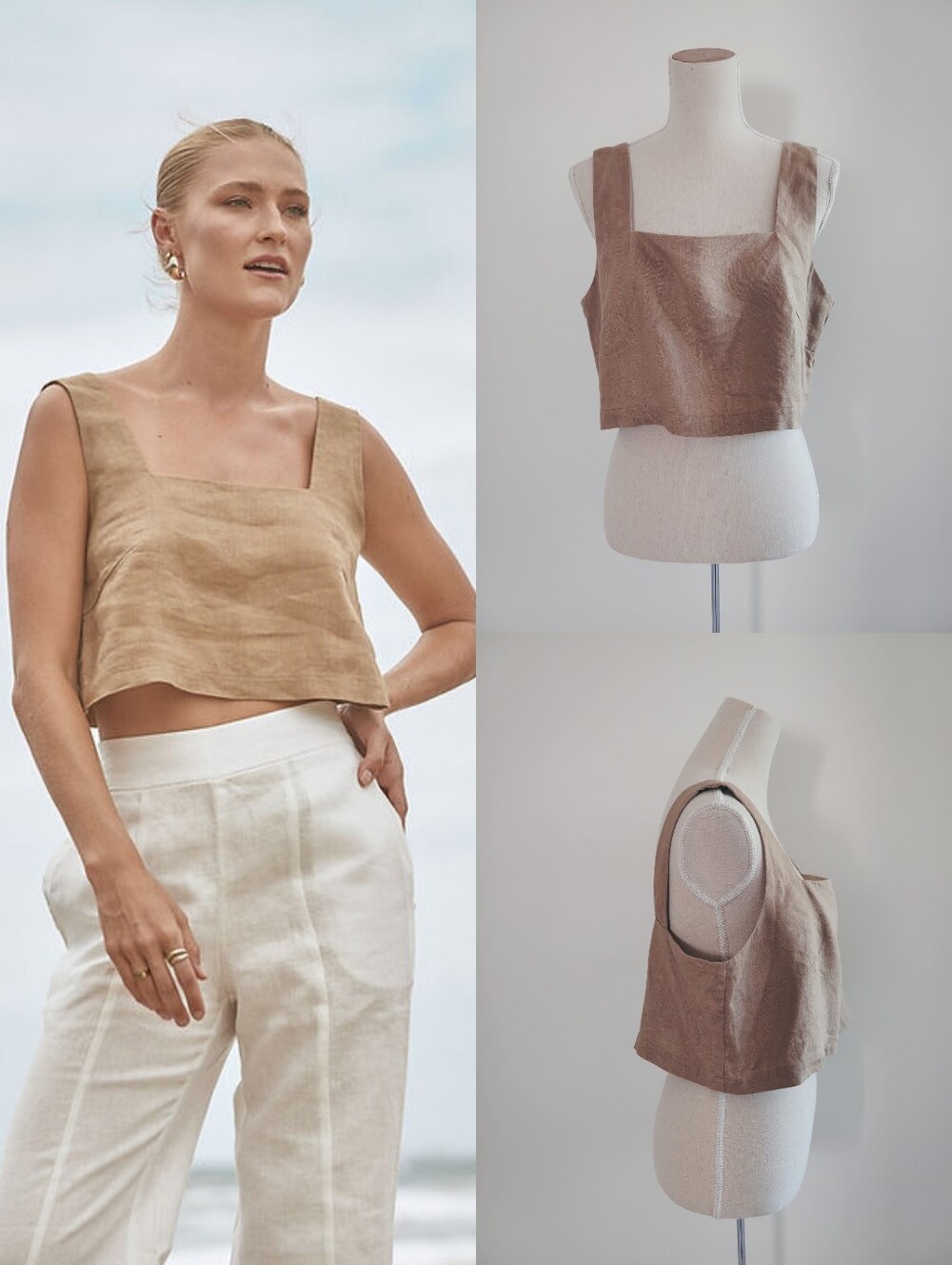 Like New Modern Sunday Linen Crop Tank Top in Latte Taupe